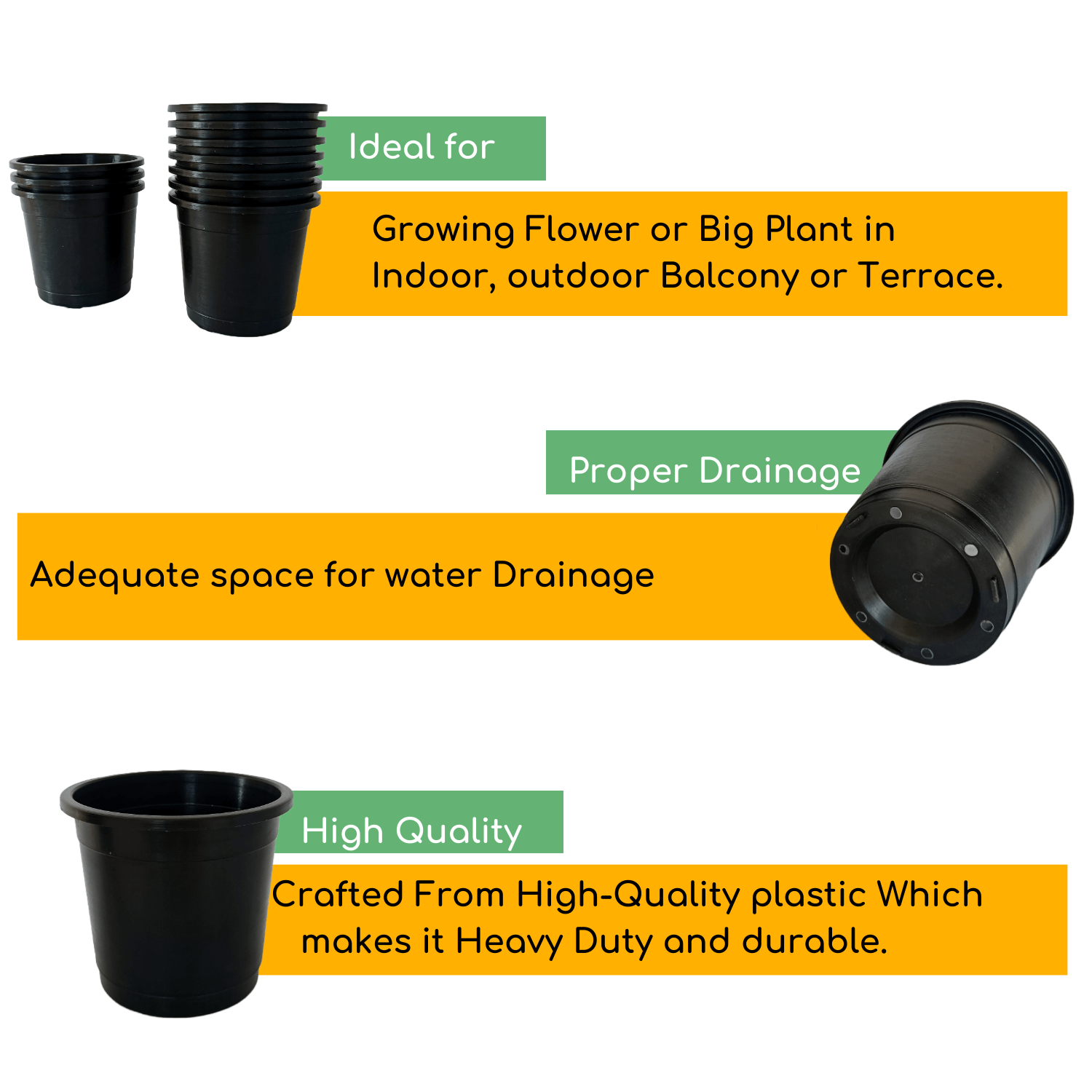 6 Inch Nursery Pots for Plant (Black, Pack of 10) - Ecodott